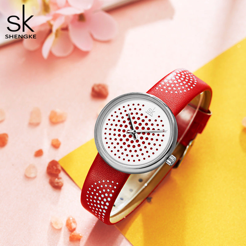 SK Women’s Quartz Watch – 3D Pattern Dial, Leather Strap, 30M Waterproof