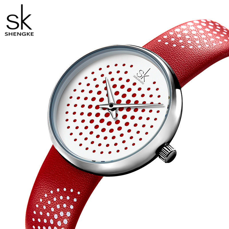SK Women’s Quartz Watch – 3D Pattern Dial, Leather Strap, 30M Waterproof