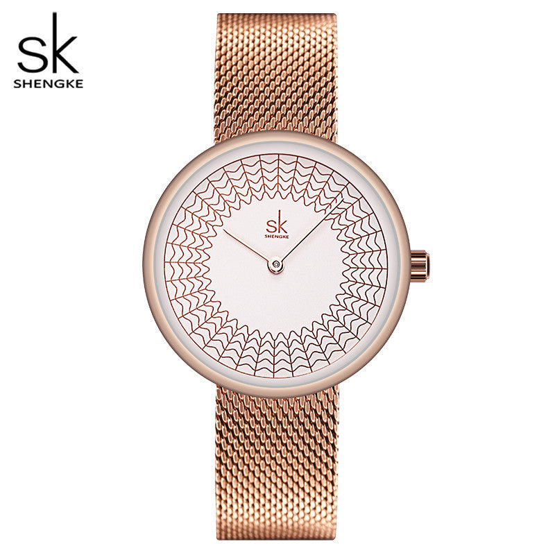 SK Women’s Quartz Watch – Rhinestone Dial, Stainless Steel Mesh Band, 30M Waterproof