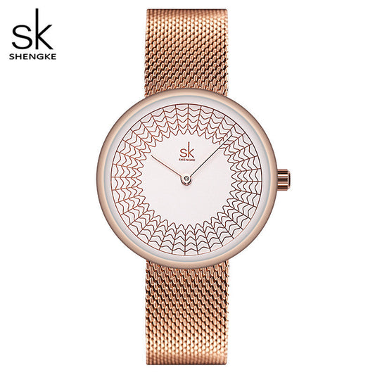 SK Women’s Quartz Watch – Rhinestone Dial, Stainless Steel Mesh Band, 30M Waterproof