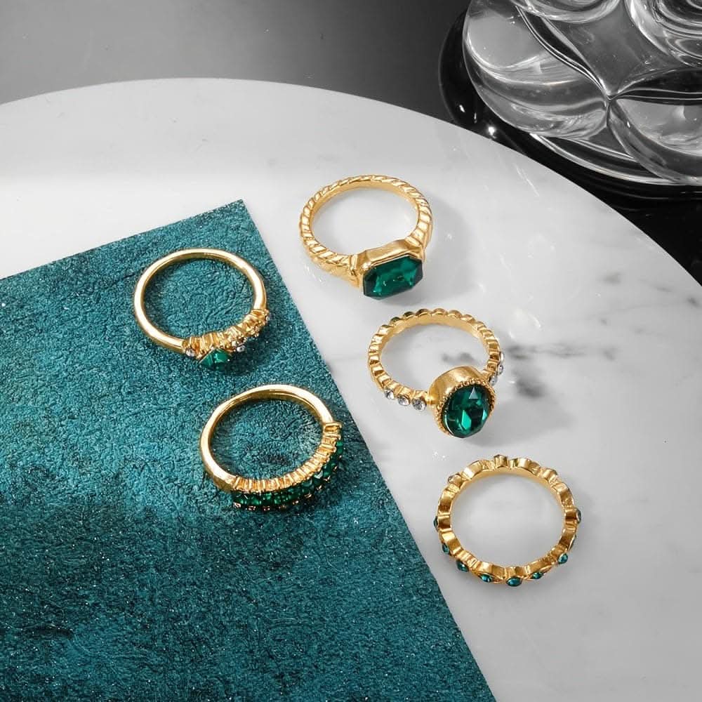 Green Rhinestone Ring Set – 5-Piece Geometric Design