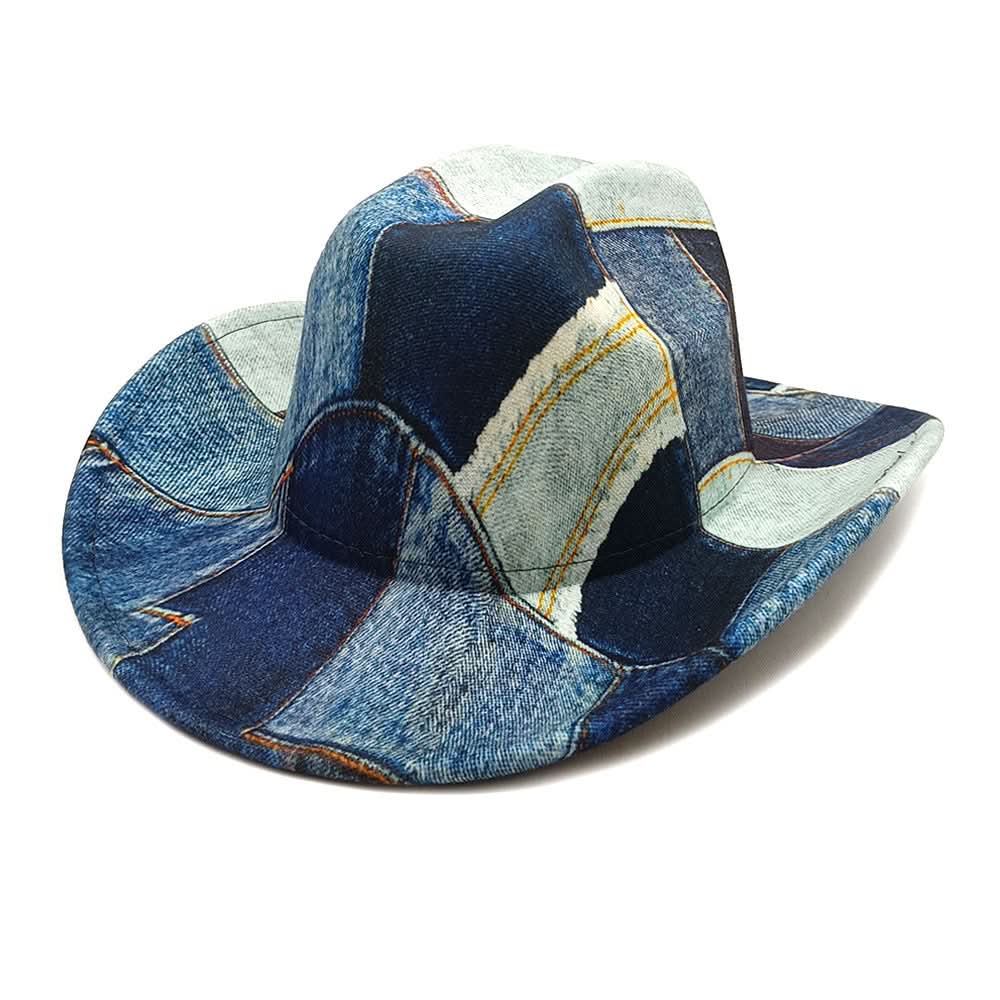 Denim Patchwork Fedora Hat – Unisex Wide Brim Jazz Cap, Lightweight & Washable