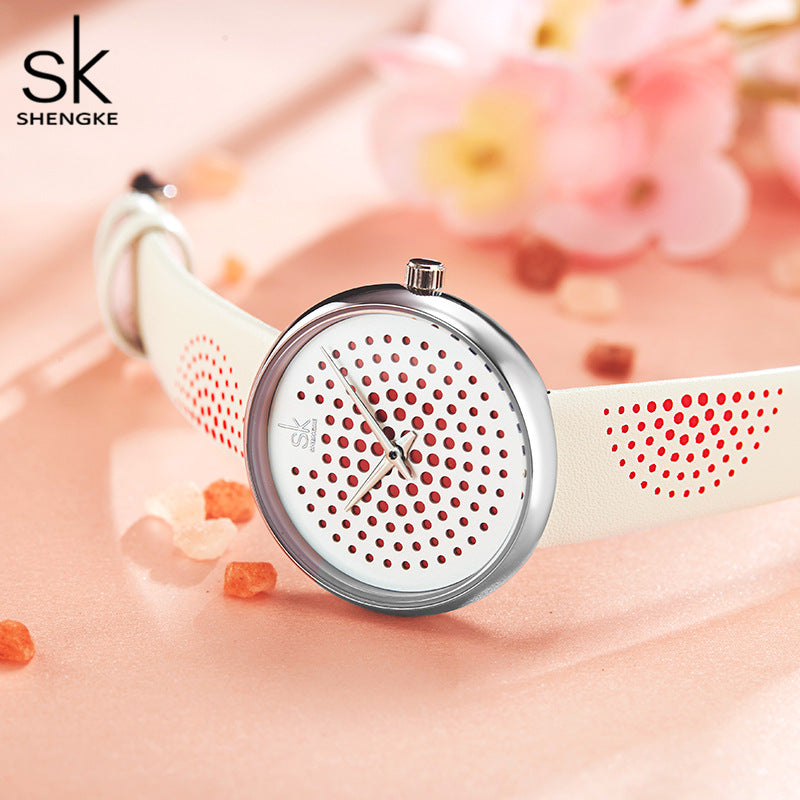 SK Women’s Quartz Watch – 3D Pattern Dial, Leather Strap, 30M Waterproof