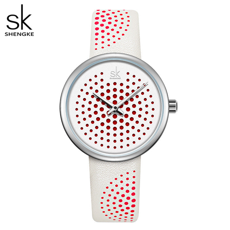 SK Women’s Quartz Watch – 3D Pattern Dial, Leather Strap, 30M Waterproof