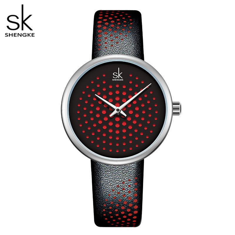 SK Women’s Quartz Watch – 3D Pattern Dial, Leather Strap, 30M Waterproof