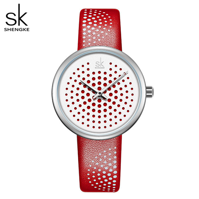 SK Women’s Quartz Watch – 3D Pattern Dial, Leather Strap, 30M Waterproof