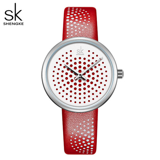 SK Women’s Quartz Watch – 3D Pattern Dial, Leather Strap, 30M Waterproof