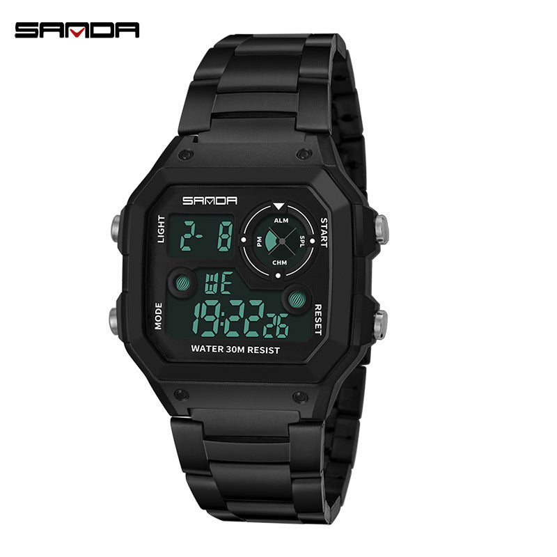 Sanda Men’s Black Square Digital Watch – Waterproof Stainless Steel Hip-Hop Sports Watch