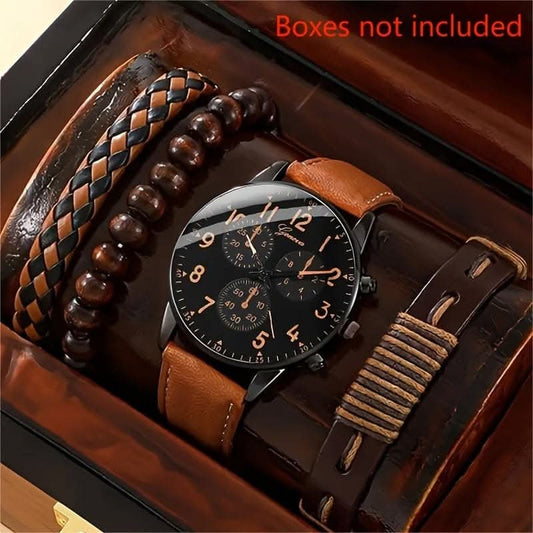 4-Piece Men's Business Quartz Watch Set – Analog Leather Watch & Bracelet