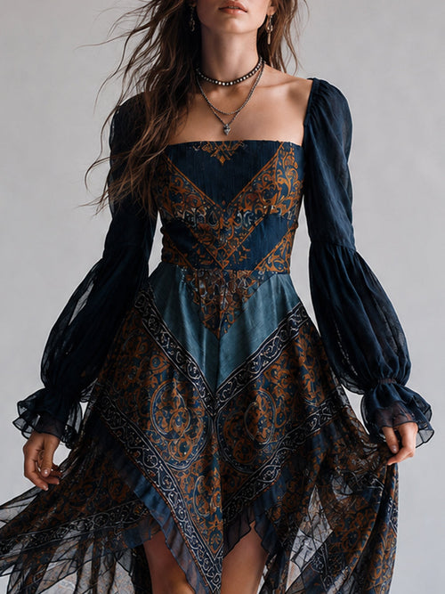Bohemian Paisley Print Handkerchief Hem Dress