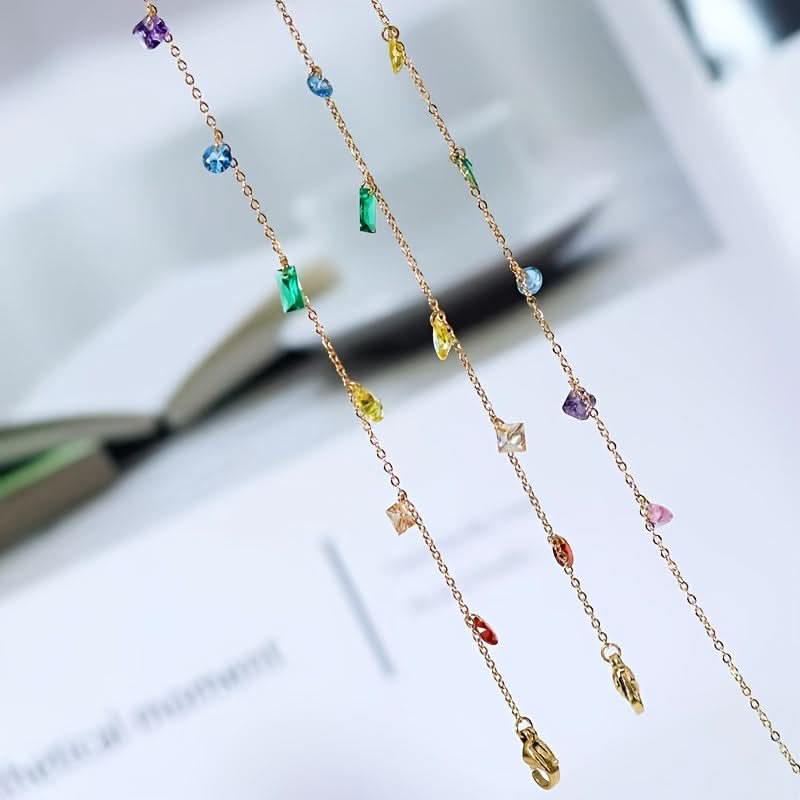 Stainless Steel Charm Necklace with Multicolor Cubic Zirconia