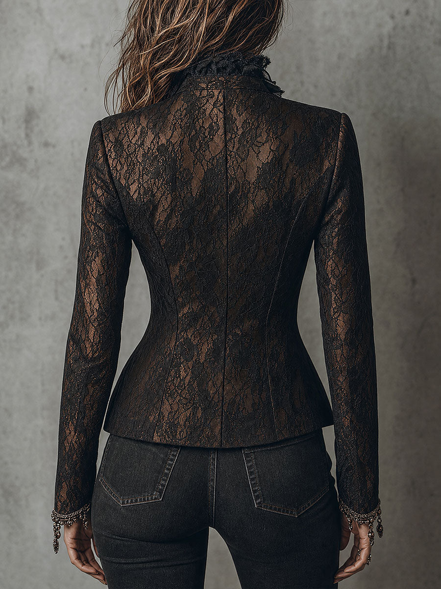 Elegant Single-button Slim-fit Blazer With Lace Ruffle Trim