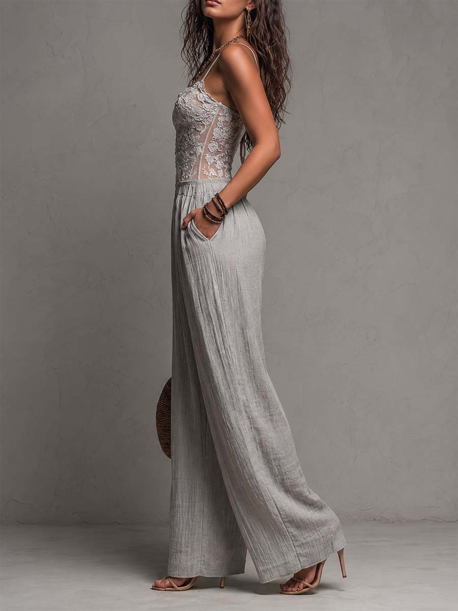 Bohemian Light Grey Lace And Crinkle Cotton Wide-Leg Jumpsuit