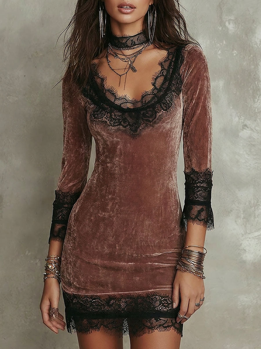 Vintage-style Lace Trim Velvet Fitted Mini Dress