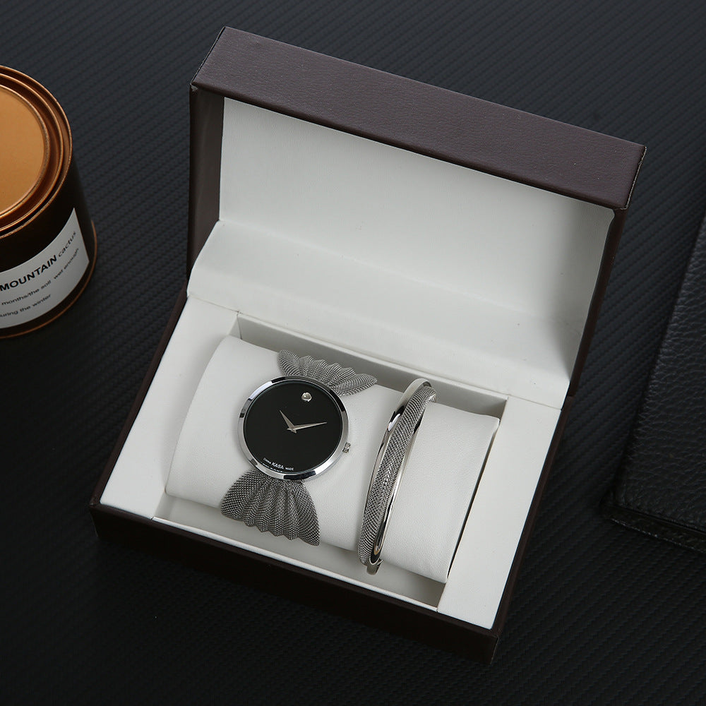Women's Quartz Watch & Bracelet Gift Set – Fashion Mesh Strap, World Time Display