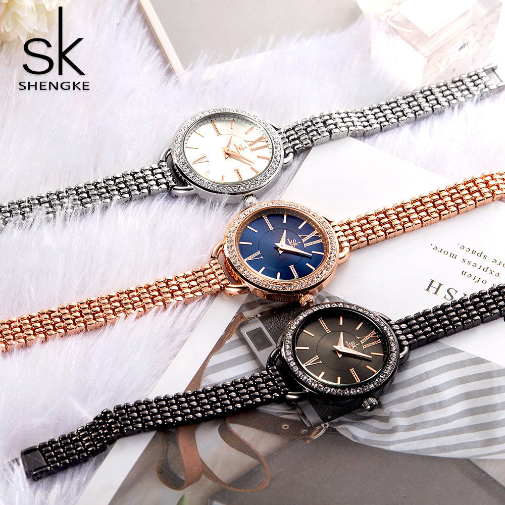 SK Women’s Quartz Watch – European Style Diamond Accent Waterproof Wristwatch
