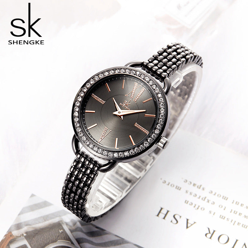 SK Women’s Quartz Watch – European Style Diamond Accent Waterproof Wristwatch