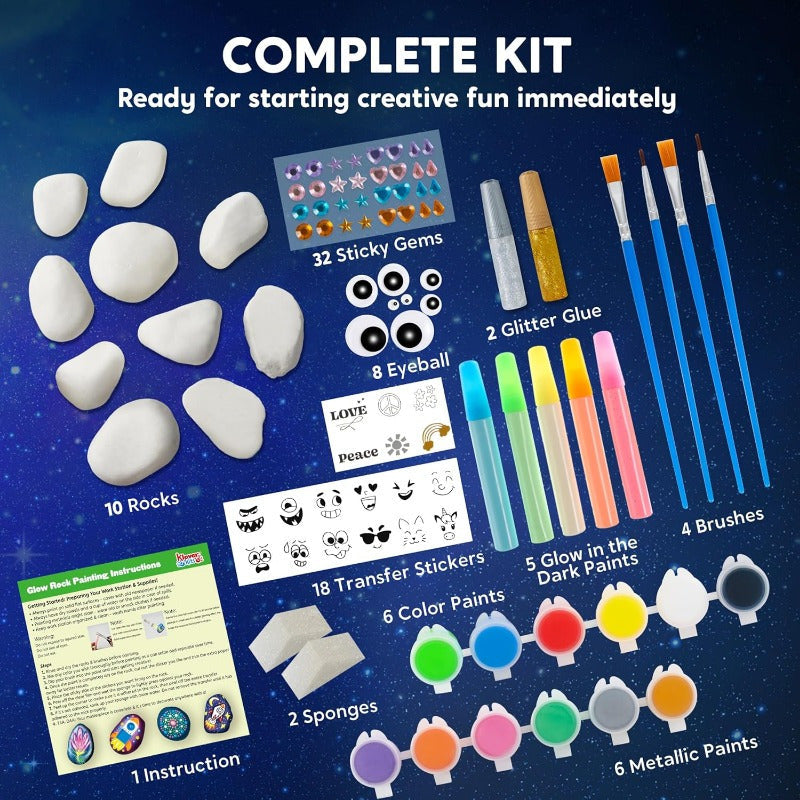Glow-in-the-Dark Rock Painting Kit for Kids – DIY Art Set with Gem Stickers