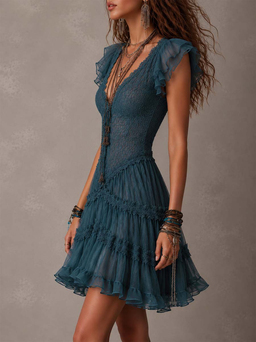 Retro Sea Blue Lace And Chiffon Ruffled Mini Dress