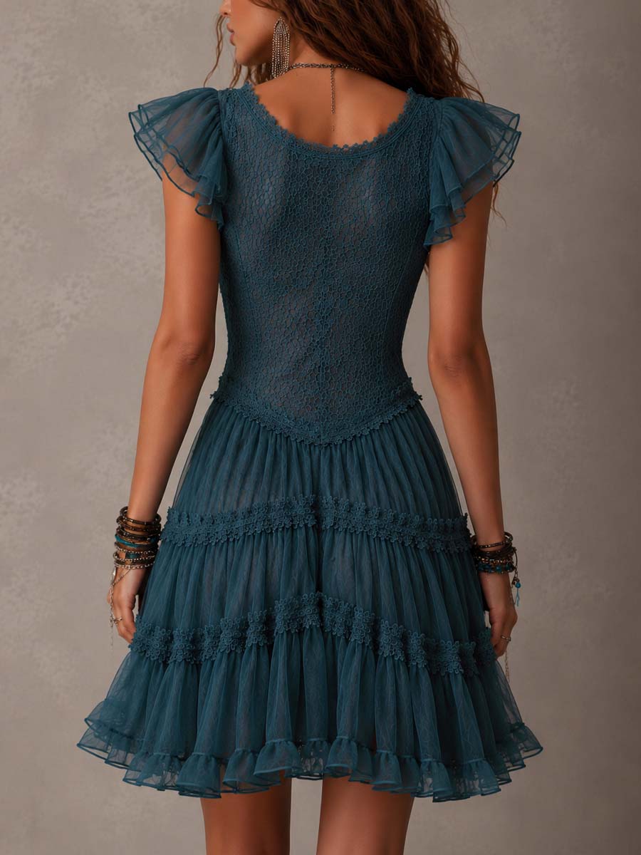 Retro Sea Blue Lace And Chiffon Ruffled Mini Dress