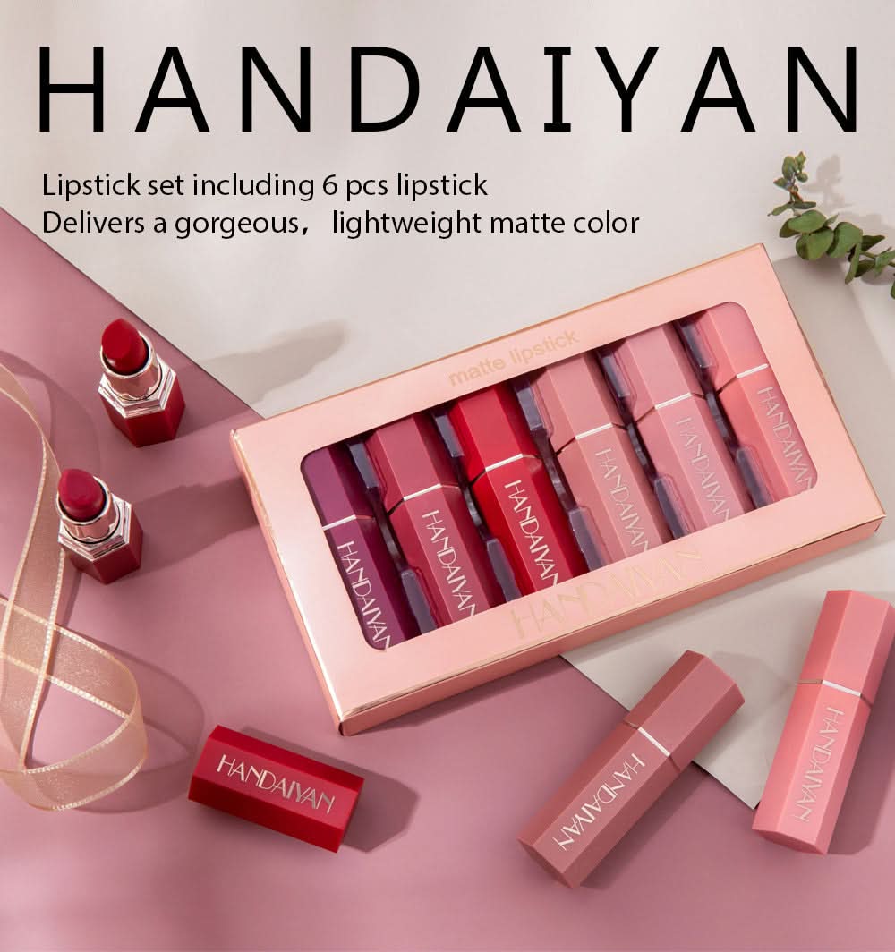 HANDAIYAN Matte Lipstick Set – Long-Lasting, Waterproof, High-Pigment, Moisturizing Lip Color (Pack of 6)