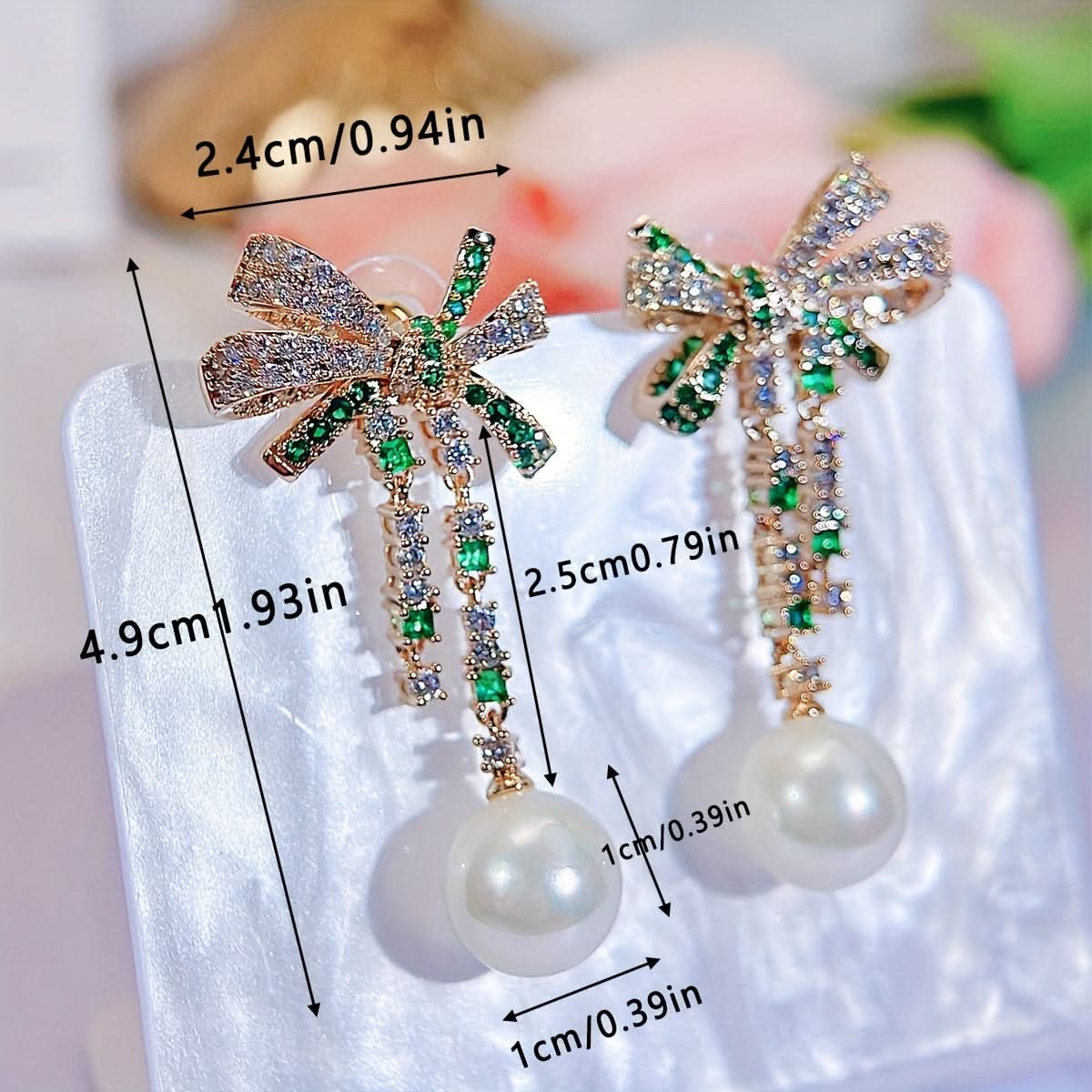 Faux Pearl Bow Dangle Earrings with Zircon