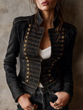Vintage Military Gold-Trim Faux Leather Jacket