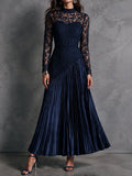 Elegant Mock Neck Lace Patchwork Pleated Satin Evening Maxi Dress