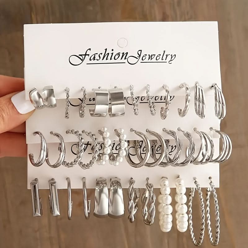 Vintage Pearl Geometric Earrings Set, 18 Pairs