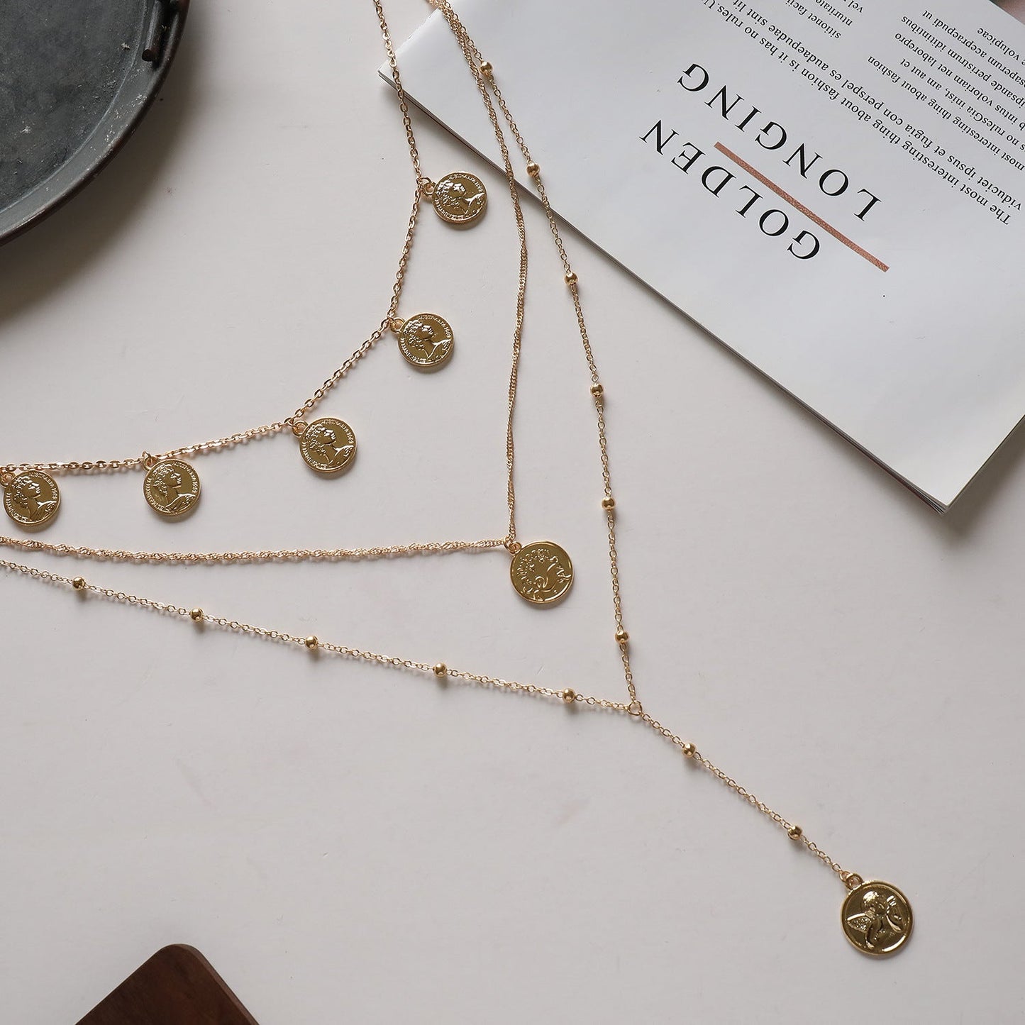 Layered Long Beaded Necklace for Women – Retro Gold & Silver Round Pendant Jewelry
