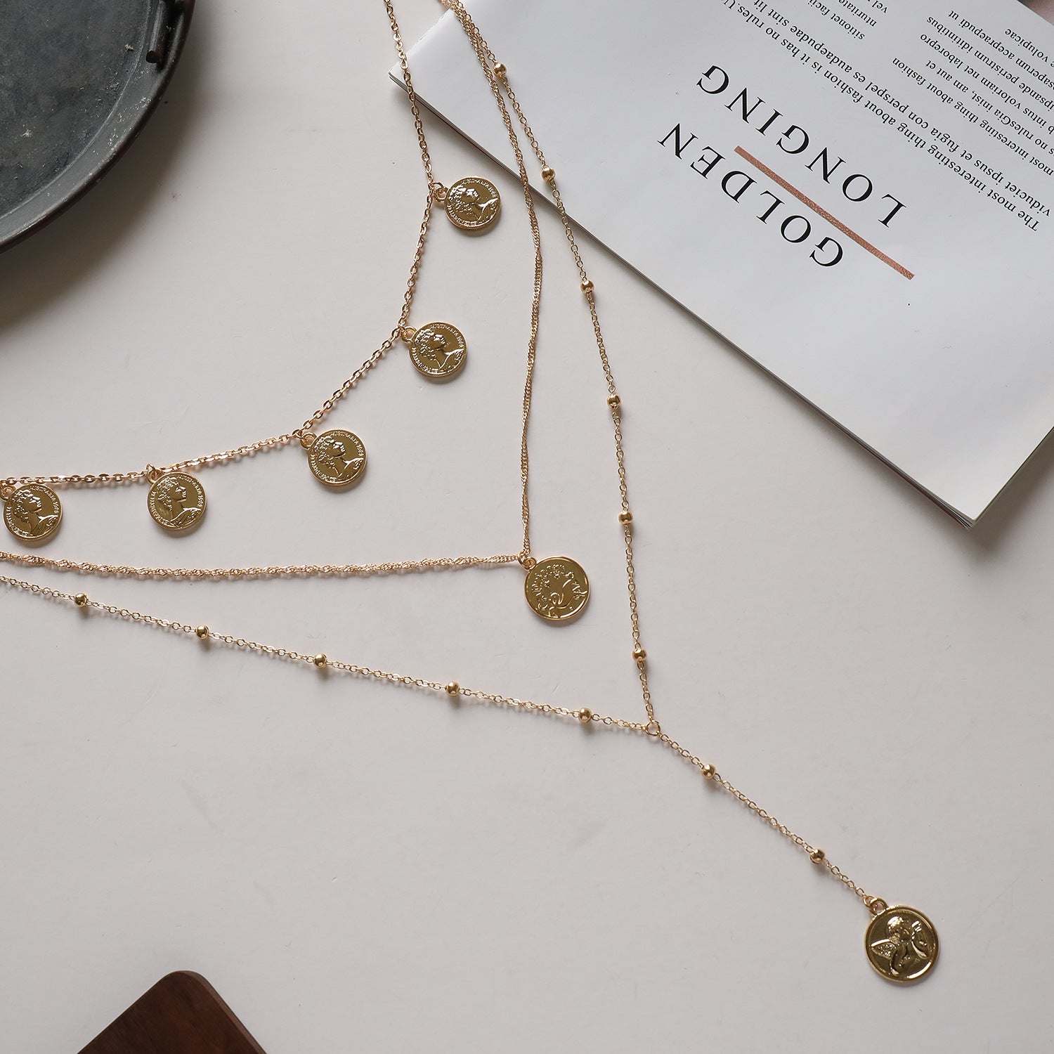 Layered Long Beaded Necklace for Women – Retro Gold & Silver Round Pendant Jewelry