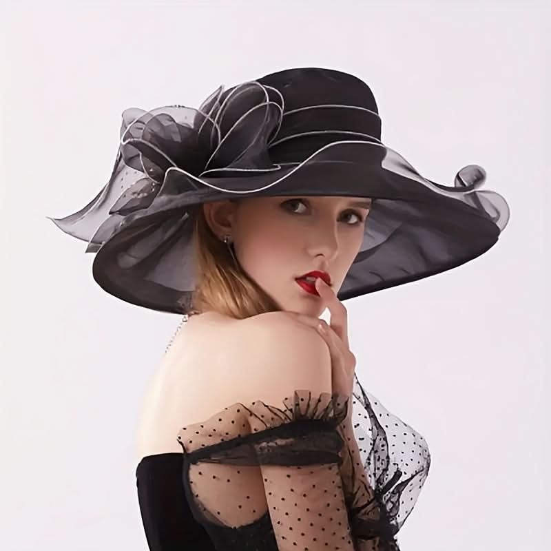 Black Organza Sun Hat for Women – Vintage Floral Design, Lightweight & Foldable