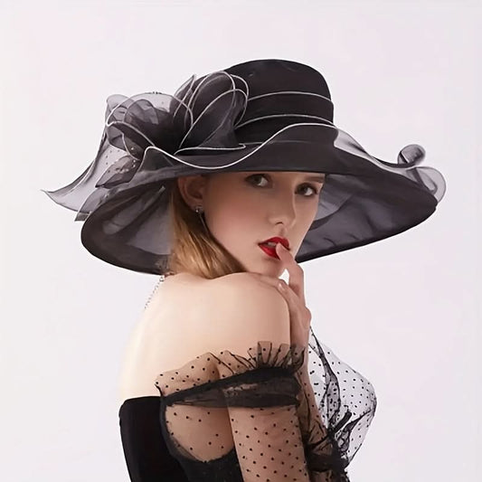 Black Organza Sun Hat for Women – Vintage Floral Design, Lightweight & Foldable