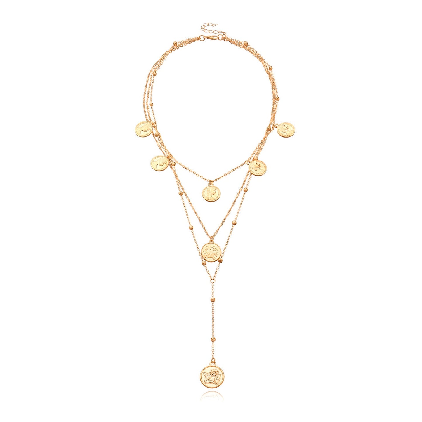 Layered Long Beaded Necklace for Women – Retro Gold & Silver Round Pendant Jewelry