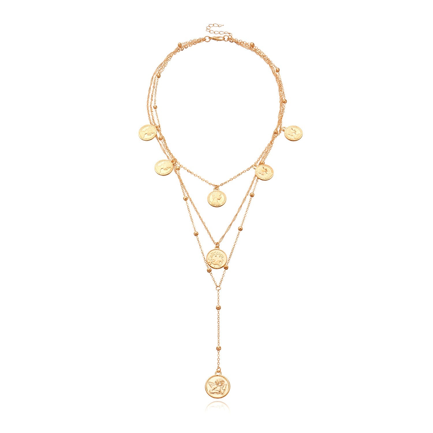 Layered Long Beaded Necklace for Women – Retro Gold & Silver Round Pendant Jewelry
