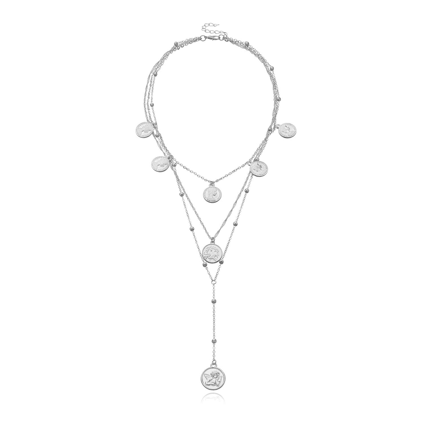 Layered Long Beaded Necklace for Women – Retro Gold & Silver Round Pendant Jewelry