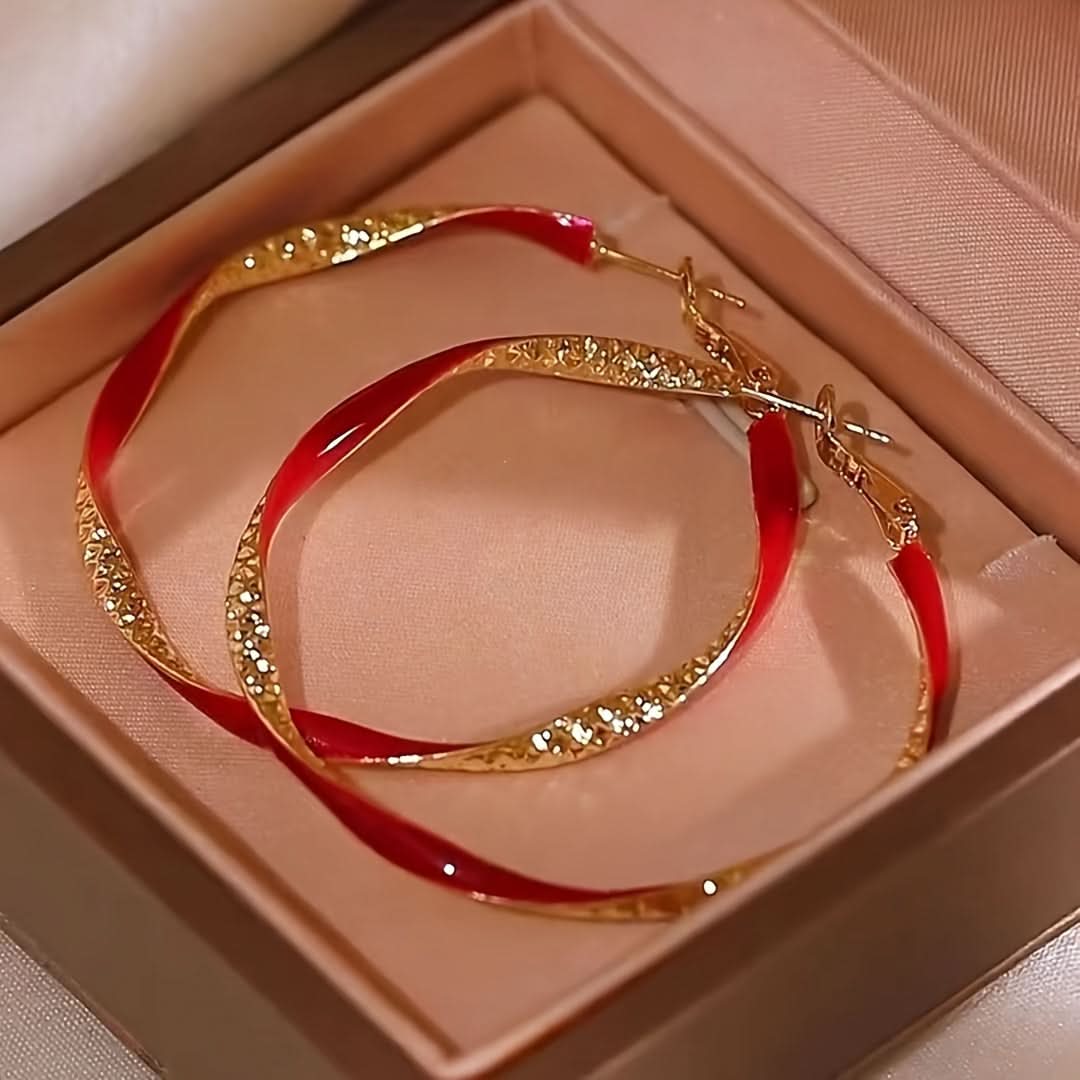 Gold Red Resin Twist Hoop Earrings – Boho Style