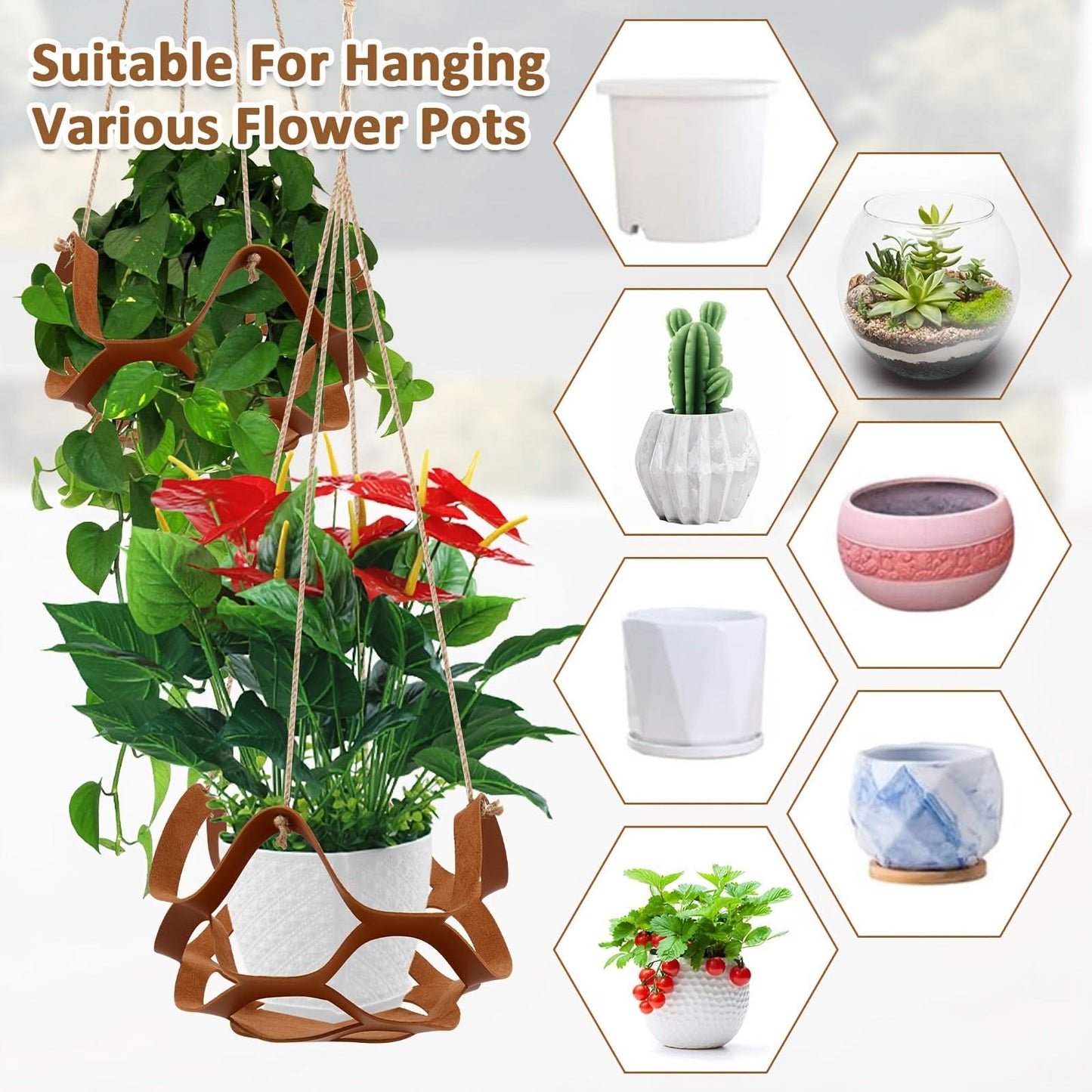 2pcs PU Leather Hanging Plant Baskets – Indoor & Outdoor Decorative Planters