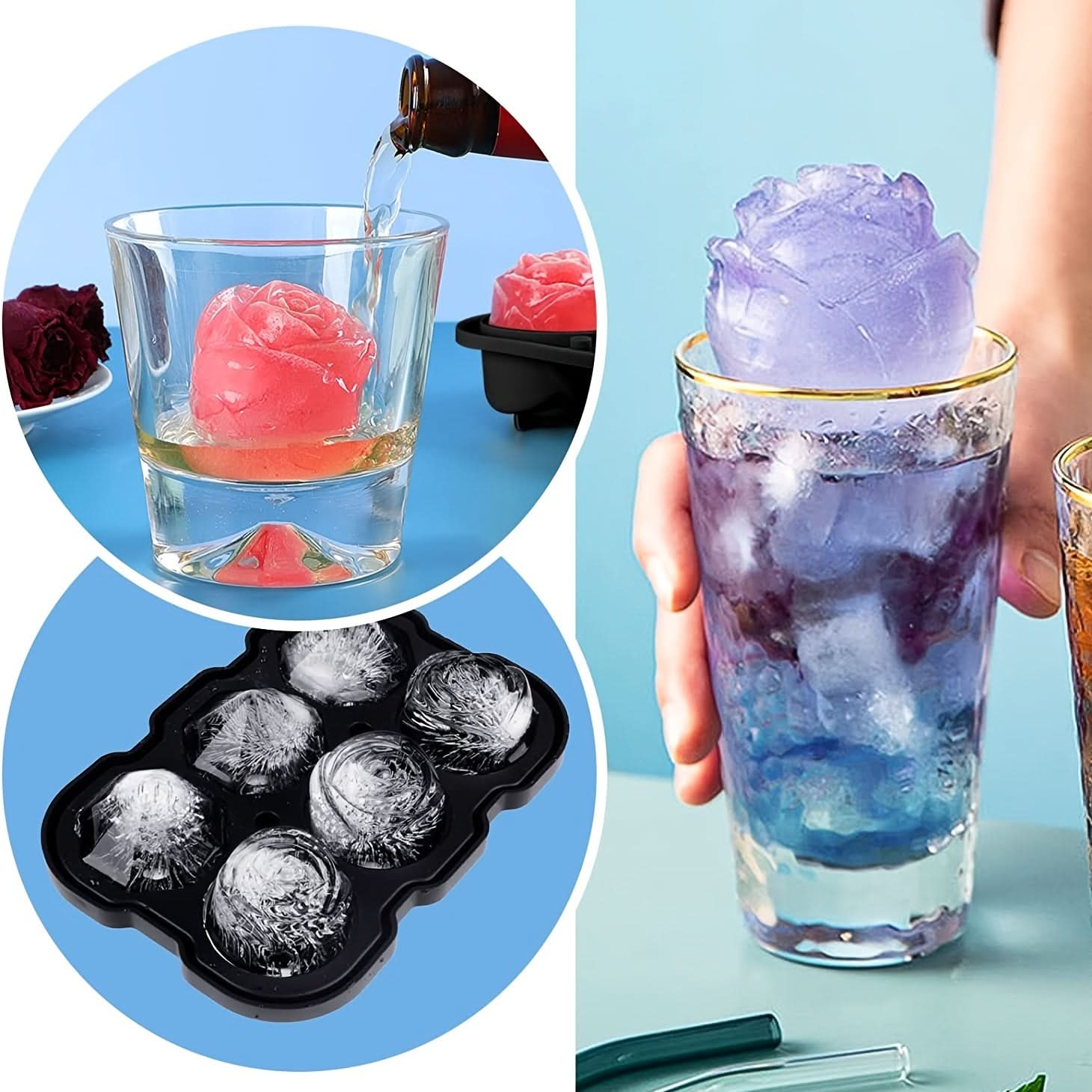 Silicone Rose Ice Cube Tray with Lid – 3-Cavity Diamond Ball Mold
