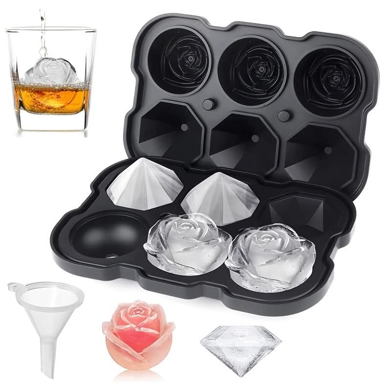 Silicone Rose Ice Cube Tray with Lid – 3-Cavity Diamond Ball Mold