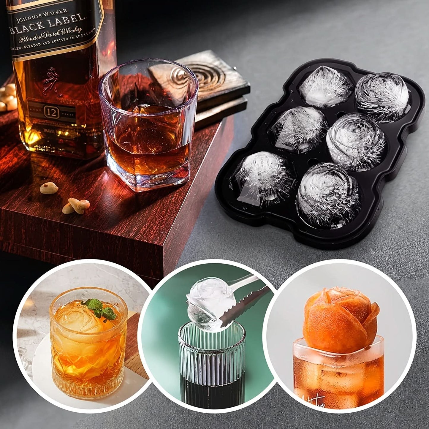 Silicone Rose Ice Cube Tray with Lid – 3-Cavity Diamond Ball Mold