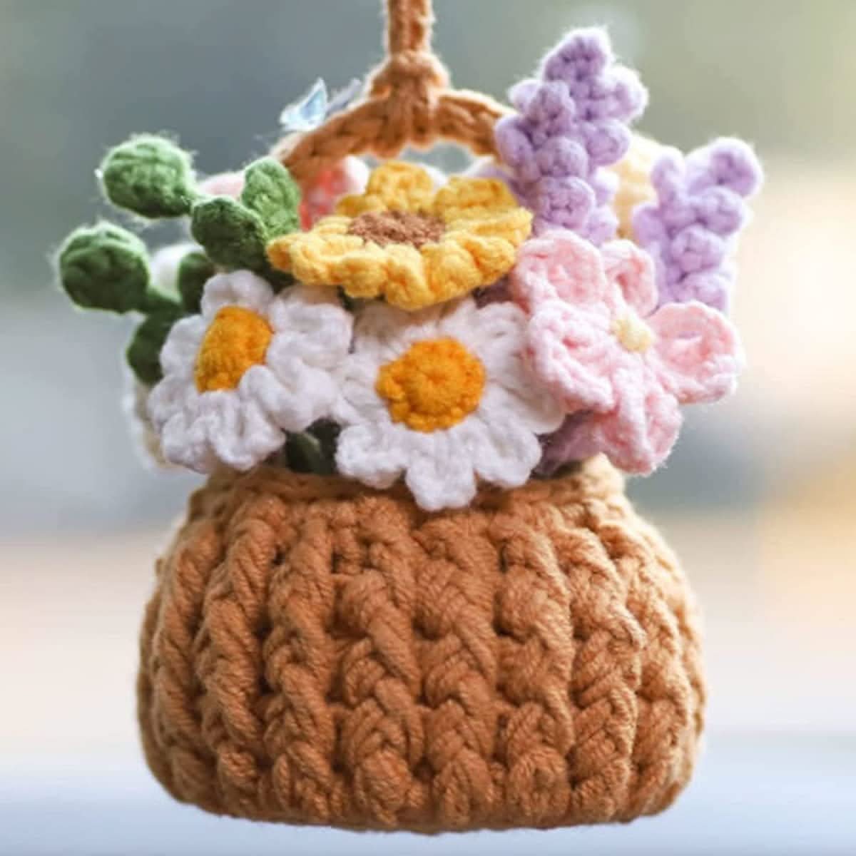Handmade Crochet Potted Plant Car Mirror Decor