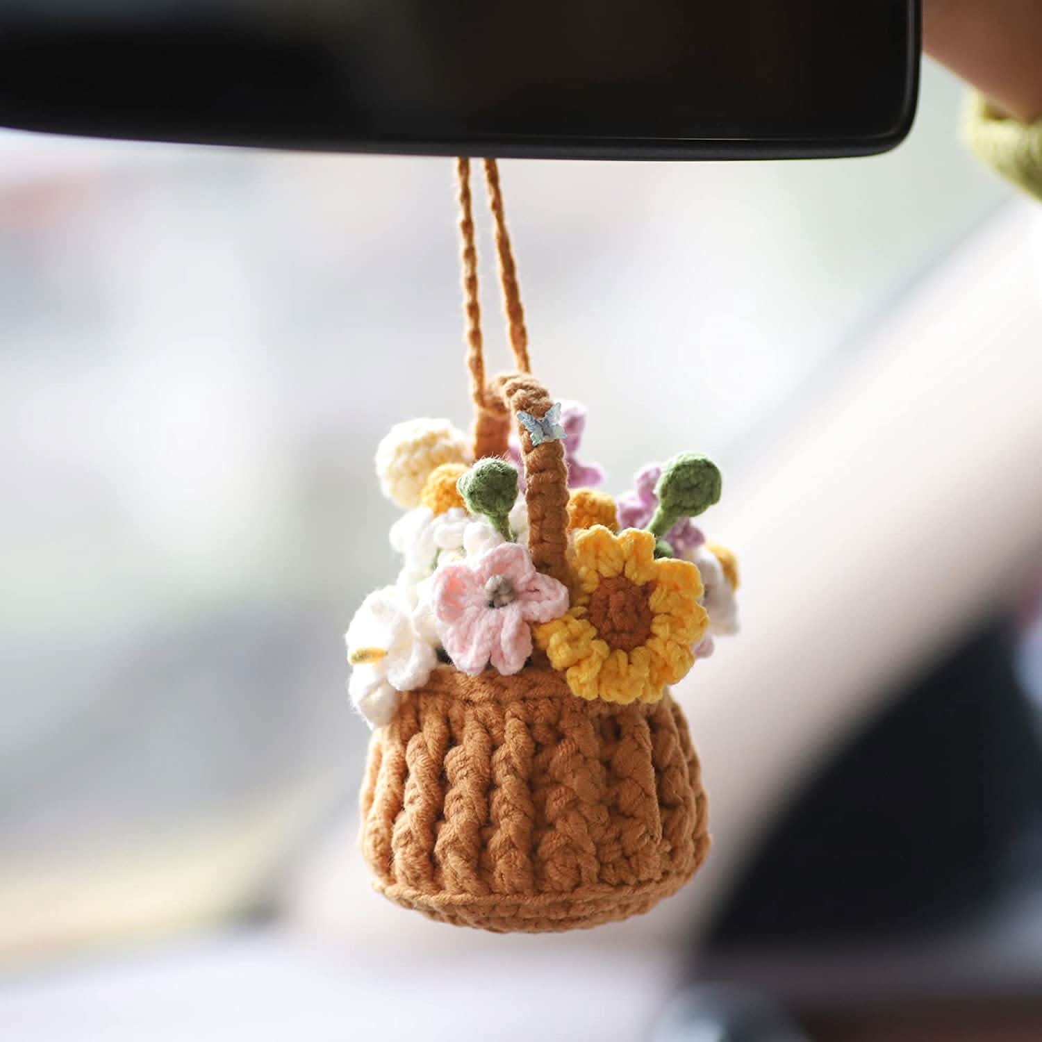 Handmade Crochet Potted Plant Car Mirror Decor