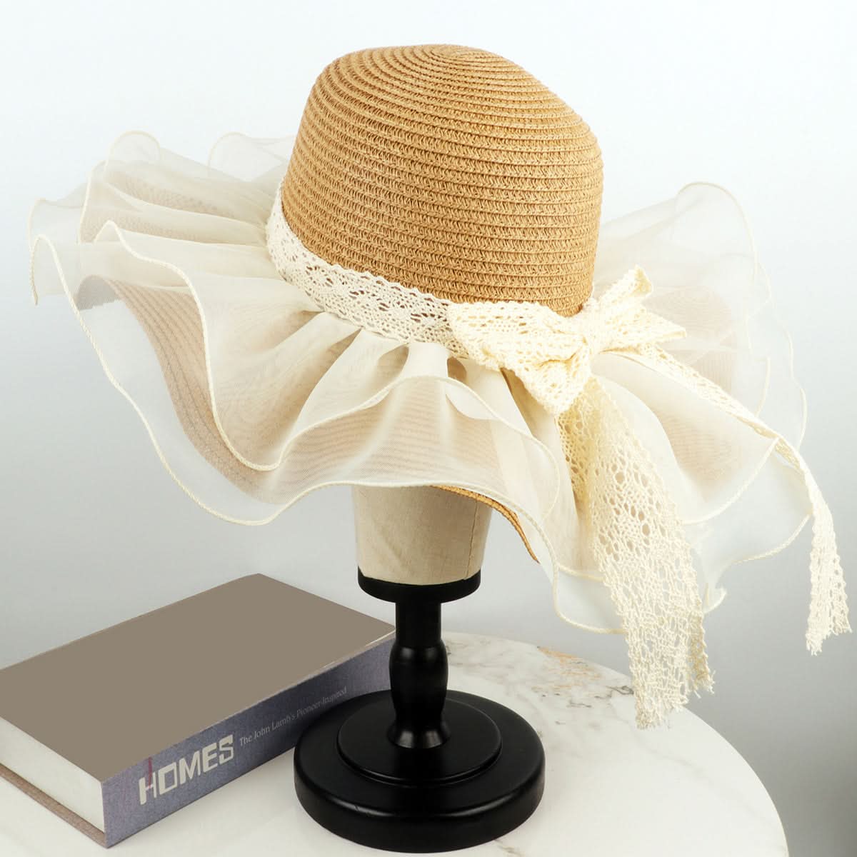 Women's Linen Straw Bucket Hat with Bow – Mesh Patchwork Wide Brim Sun Visor