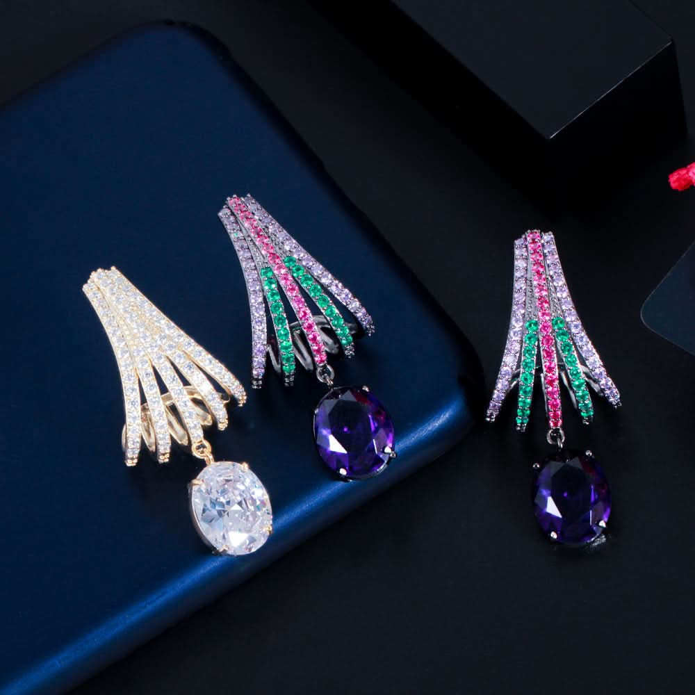 Purple Zircon Long Dangle Wedding Earrings