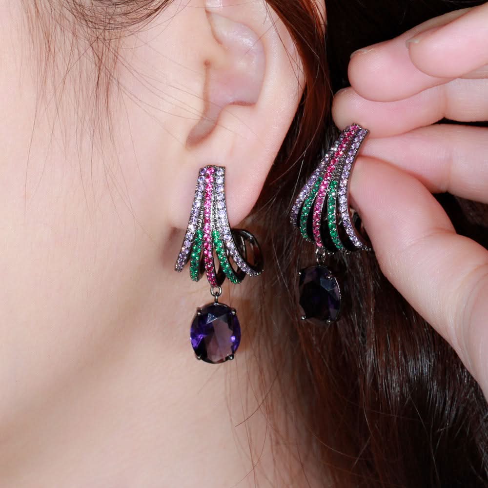 Purple Zircon Long Dangle Wedding Earrings