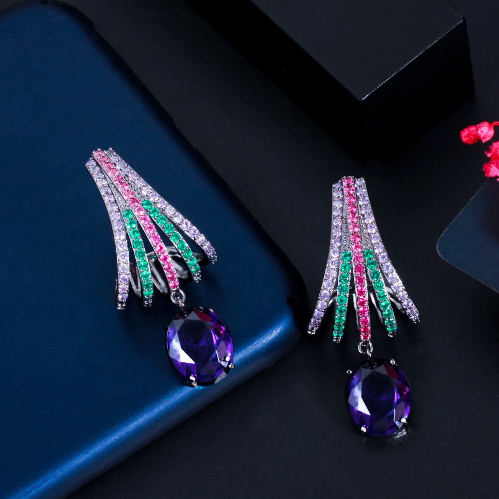 Purple Zircon Long Dangle Wedding Earrings
