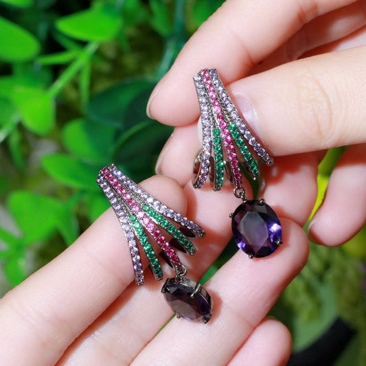 Purple Zircon Long Dangle Wedding Earrings