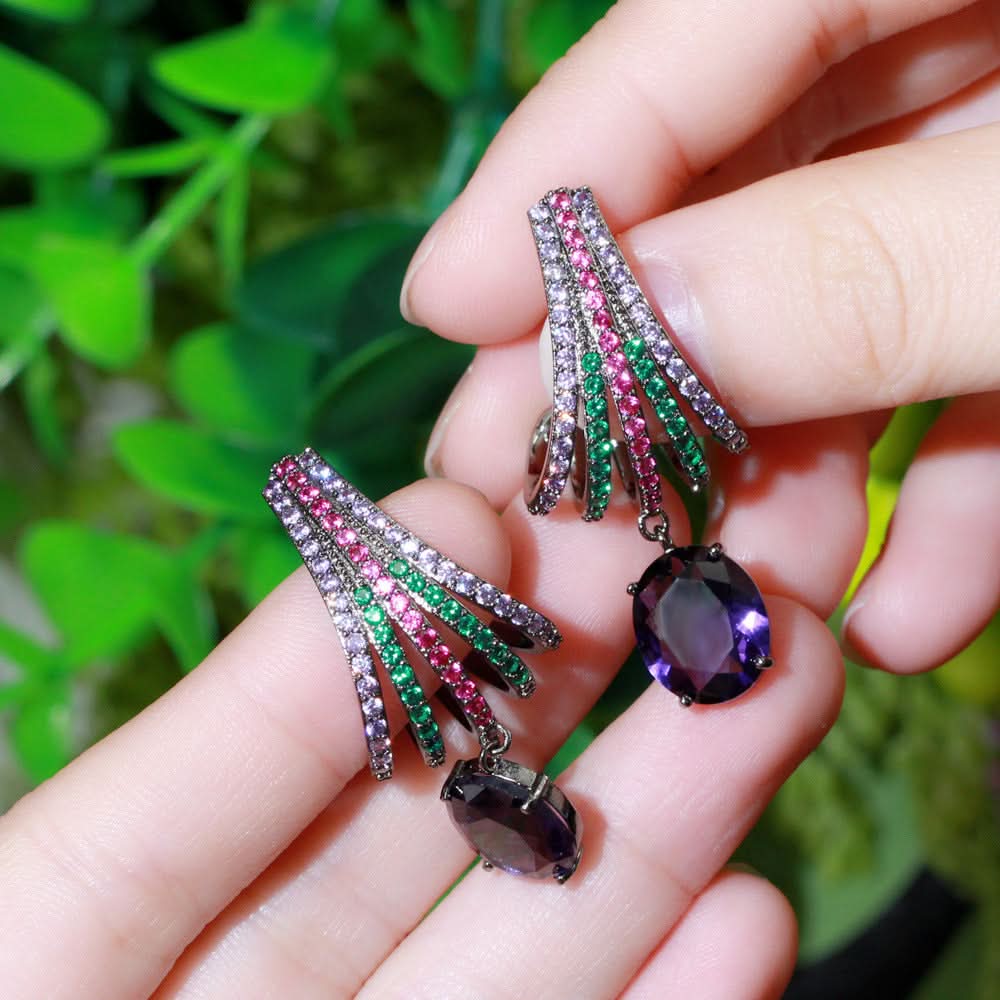 Purple Zircon Long Dangle Wedding Earrings