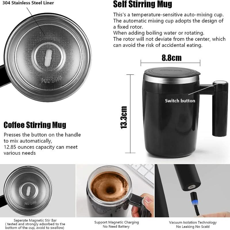 14oz Rechargeable Magnetic Self-Stirring Mug – Automatic Mixing Cup for Milk,